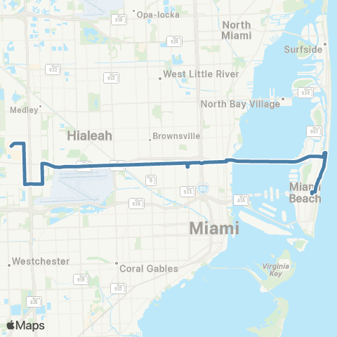 Miami-Dade Transit Doral-Airport-Miami Beach via 36 St map