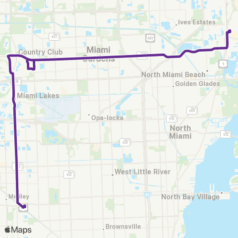Miami-Dade Transit Aventura-Hialeah via 183 St / 67 Ave map
