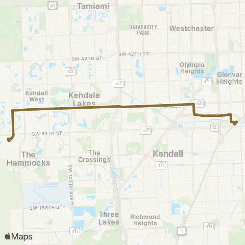 Miami-Dade Transit West Kendall-Dadeland No via 72 St map