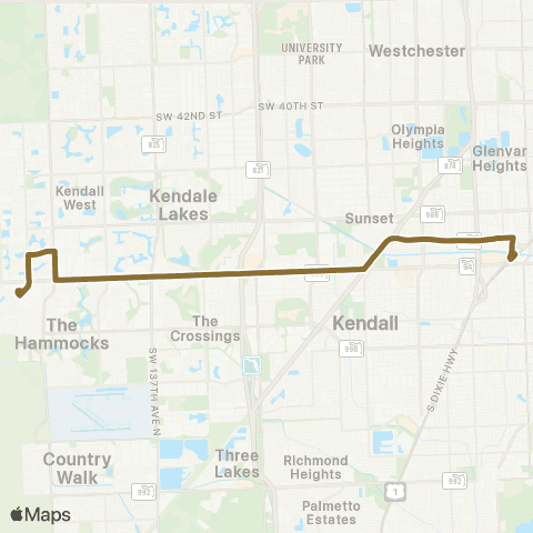 Miami-Dade Transit W. Kendall to Dadeland N via 88 St map