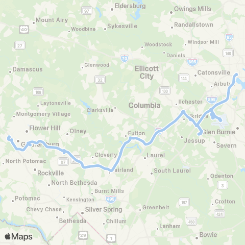 MTA Commuter Bus Gaithersburg - BWI Business Dist map