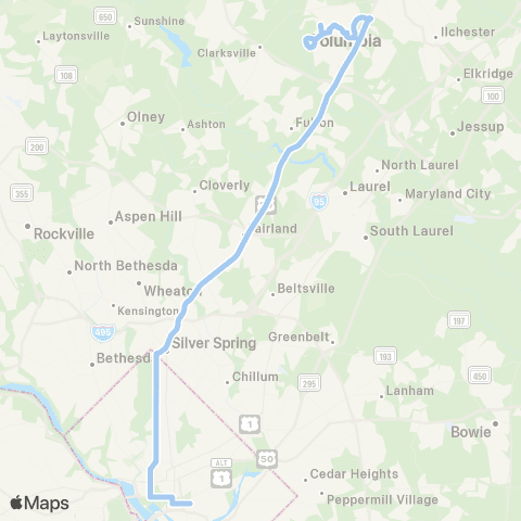 MTA Commuter Bus Columbia & Silver Spring - DC map