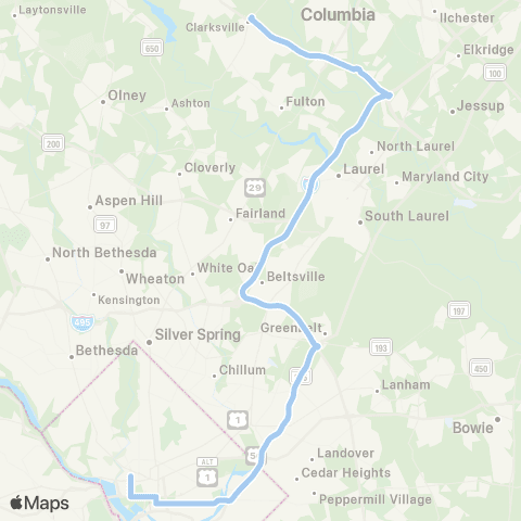 MTA Commuter Bus Clarksville & Columbia - DC map