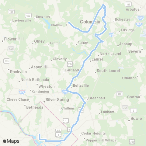 MTA Commuter Bus Ellicott City & Columbia - DC map