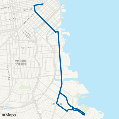 Muni Bayview Hunters Point Express map