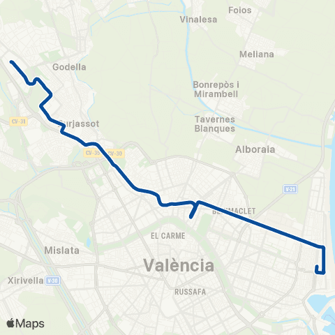 Metrovalencia Lloma Llarga / Mas del Rosari ↔ Dr. Lluch map