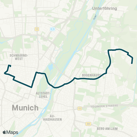 MVG Nordbad - Josephsplatz - Universität - Giselastraße - Herkomerplatz - Arabellapark - Johanneskirchen Bf. - Westerlandanger map