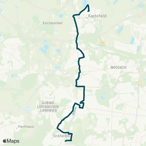 MVG Karlsfeld, Gartenstr. - Allach Bf. - Blutenburg - Pasing Bf. Nord - Pasing Bf. - Lochham Bf. - Waldfriedhof map