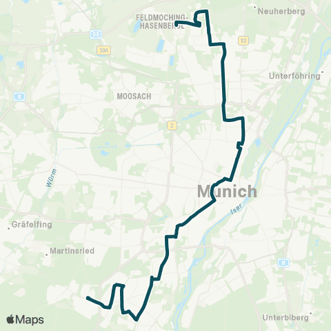 MVG Feldmoching Bf. - Münchner Freiheit - Karlsplatz - Harras - Fürstenried West map
