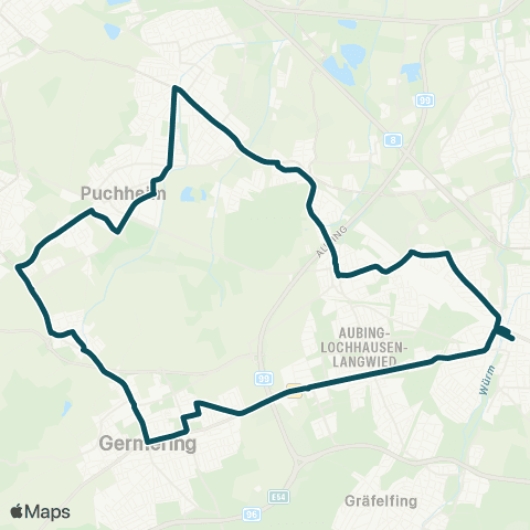 MVG Pasing Bf. - Germering - Puchheim - Gröbenzell - Lochhausen Bf. - Pasing Bf. (Ringlinie) map