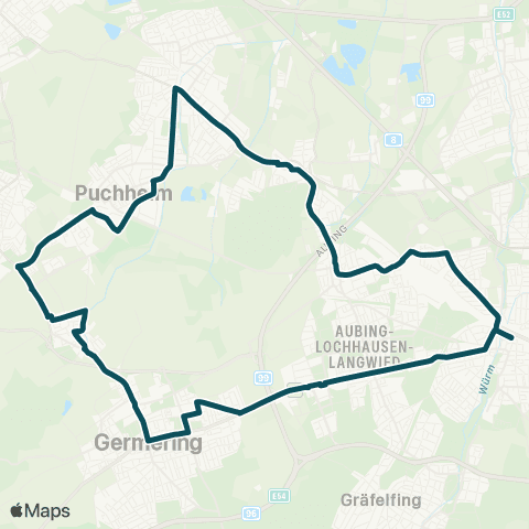 MVG Pasing Bf. - Lochhausen Bf. - Gröbenzell - Puchheim - Germering - Pasing Bf. (Ringlinie) map