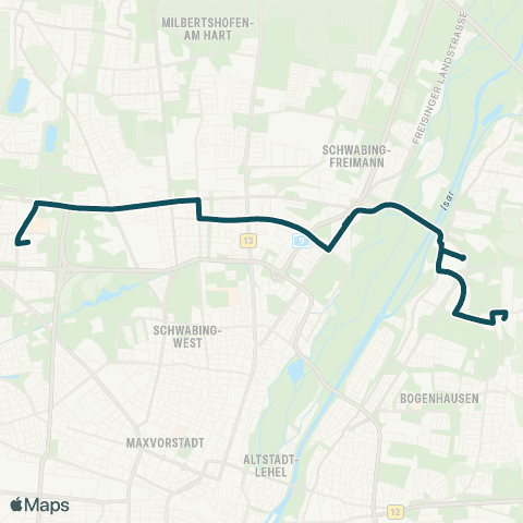 MVG Dessauerstraße - Olympia-Einkaufszentrum - Frankfurter Ring - Studentenstadt - Unterföhring, Feringastraße - Johanneskirchen Bf. map