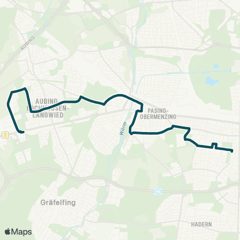 MVG Freiham Bf. - Neuaubing West - Altenburgstr. - Westkreuz - Pasing Bf. - Westbad - Laimer Platz map