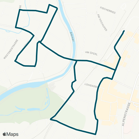 Die Münchner VerkehrsVerbund  StadtBus Weilheim West: Bahnhof - Hallenbad - Ammerschule - Frühlingstr. - Bahnhof map