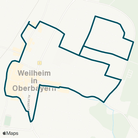 Die Münchner VerkehrsVerbund  StadtBus Weilheim Ost: Bahnhof - Krankenhaus - Hardtschule - Friedhof - Bahnhof map