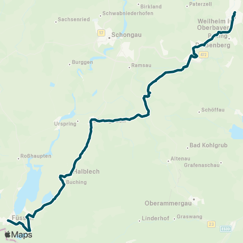 Die Münchner VerkehrsVerbund  Weilheim - Peißenberg - Echelsbacher Brücke - Steingaden - Schlauch ( - Füssen) map