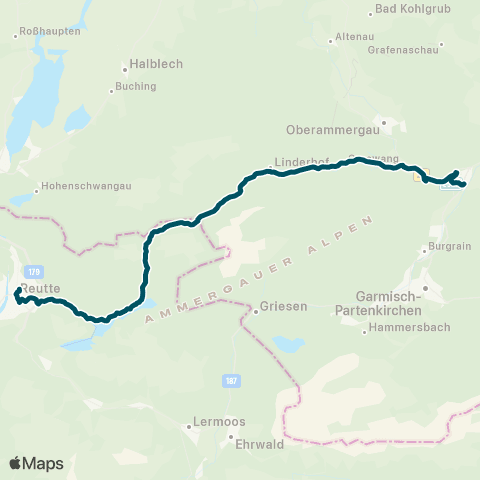 Die Münchner VerkehrsVerbund  Oberau - Ettal - Schloss Linderhof - Parkplatz Stock - Ammerwald - Plansee - Reutte in Tirol map