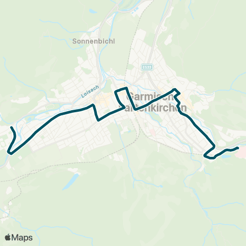 Die Münchner VerkehrsVerbund  OrtsBus Garmisch-Partenkirchen Klinikum - Bahnhof - Marienplatz - Äußere Maximiliansstraße map
