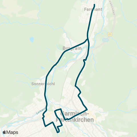 Die Münchner VerkehrsVerbund  Farchant - Wankbahn - Sebastiansk. - Bahnhof - Marienplatz - Burgrain - Farchant map