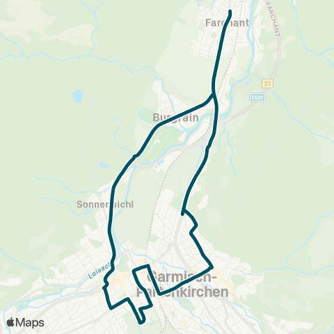 Die Münchner VerkehrsVerbund  Farchant - Burgrain - Marienplatz - Bahnhof - Sebastiansk. - Wankbahn - Farchant map