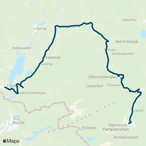 Die Münchner VerkehrsVerbund  Garmisch-Partenkirchen - Ettal - Oberammergau - Echelsbacher Brücke - Wieskirche - Steingaden - Schlauch ( - Hohenschwangau - Füssen) map
