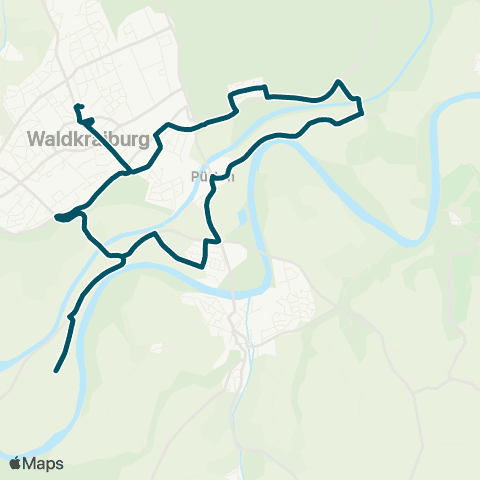 Die Münchner VerkehrsVerbund  StadtBus Waldkraiburg: Dieselschule - Bahnhof - F-Liszt-Str. - Lindach - Hausing - Niederndorf - Pürten - Ebing - F.-Liszt-Str. - Bahnhof - Dieselschule map