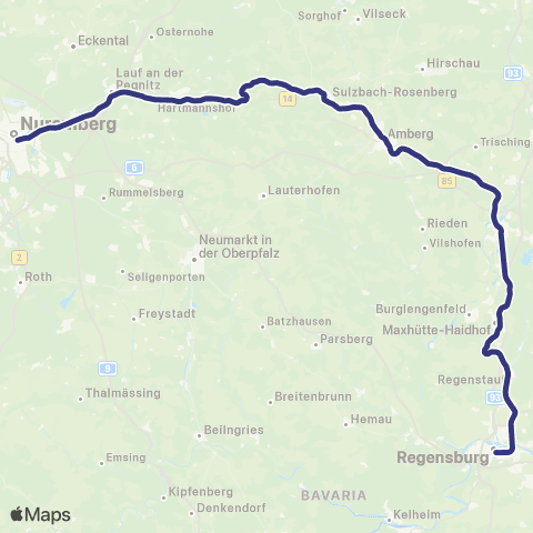 MVV Regensburg Hbf - Nürnberg Hbf map