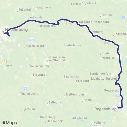 MVV Regensburg Hbf - Nürnberg Hbf map