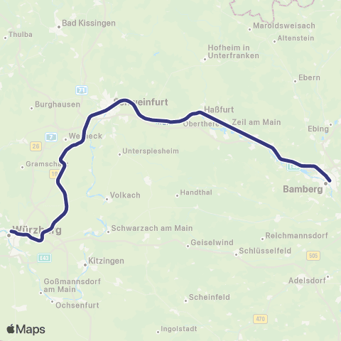 MVV Würzburg Hbf - Nürnberg Hbf map