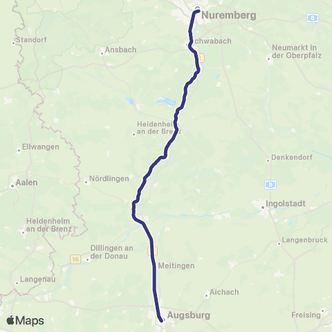 MVV Nürnberg Hbf - Augsburg Hbf map