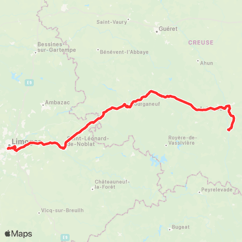 Nouvelle-Aquitaine Cars 87 Limoges - Aubusson - Felletin map