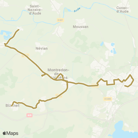 Citibus Raïssac-d'Aude > Villedaigne > Névian > Bizanet > Montredon-des-Corbières > Technoparc Pech Perry > Narbonne map