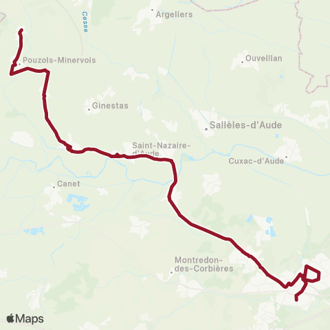 Citibus Mailhac > Pouzols-Minervois > Ste-Valière > Ventenac-Minervois > St-Nazaire-d'Aude > Narbonne map