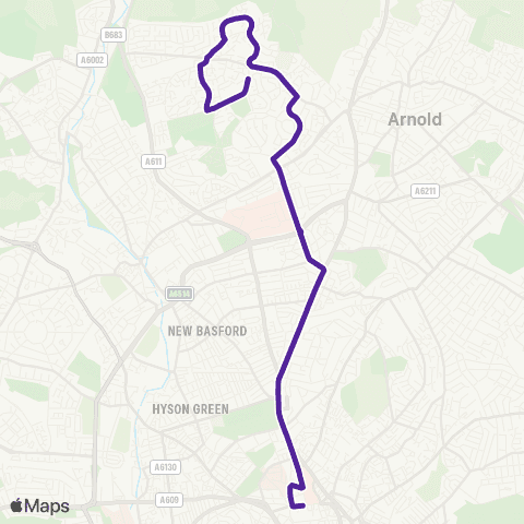 Nottingham City Transport Crossfield Drive - Parliament Street map