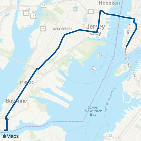 NJ Transit Bayonne - New York Downtown map