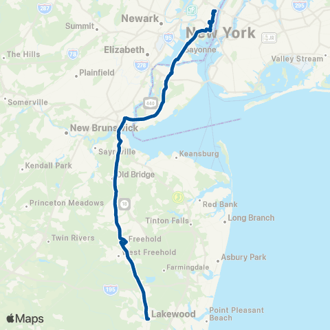 NJ Transit Lakewood - Jersey City - Weehawken map