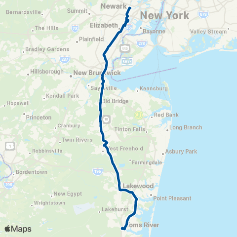 NJ Transit Toms River - Lakewood - Newark map