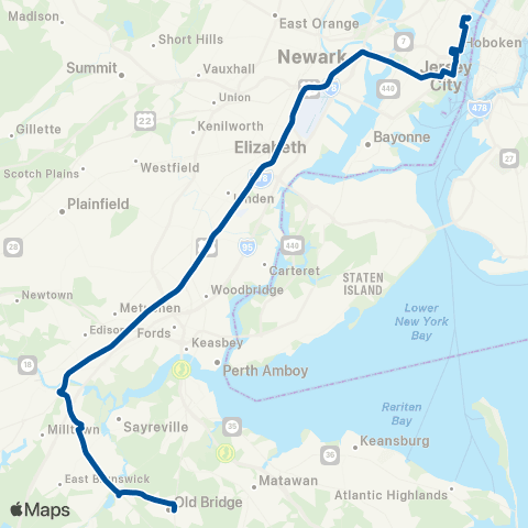 NJ Transit Old Bridge-E Brunswick-Jersey City - Weehawken map