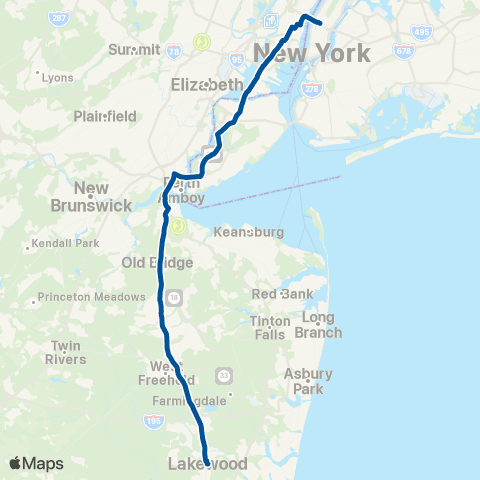 NJ Transit Lakewood - New York - Union Hill Express map