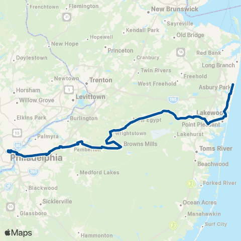NJ Transit Asbury Park - Fort Dix - Philadelphia map