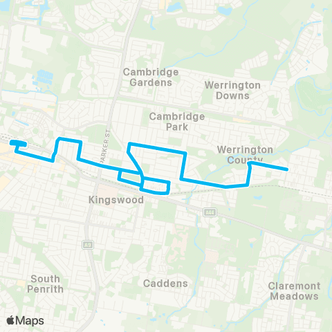 Sydney Buses Network Werrington to Penrith via Cambridge Park map
