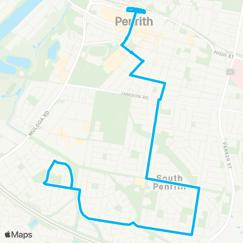 Sydney Buses Network Penrith to Jamisontown via S Penrith (Loop Service) map