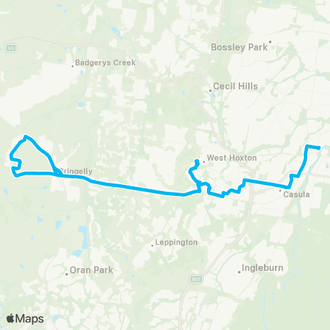 Sydney Buses Network Carnes Hill to Liverpool via Greenway Dr & Cowpasture Rd map