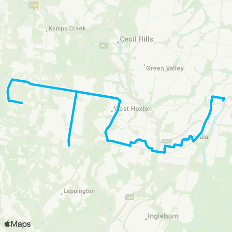 Sydney Buses Network Rutleigh Pk to Liverpool via Austral & Leppington Sta map