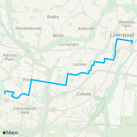 Sydney Buses Network Casula Mall to Liverpool map