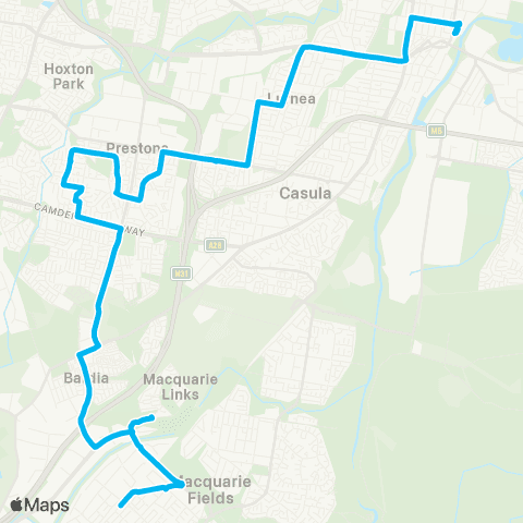 Sydney Buses Network Ingleburn to Liverpool via Edmondson Pk & Prestons map