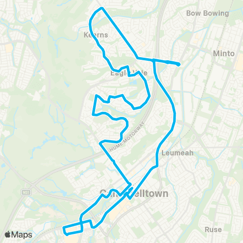 Sydney Buses Network Campbelltown to Kearns via Eschol Pk (Loop Service) map