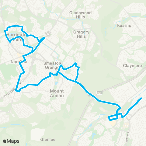 Sydney Buses Network Campbelltown to Harrington Pk via Narellan Vale & Narellan (Loop Service) map