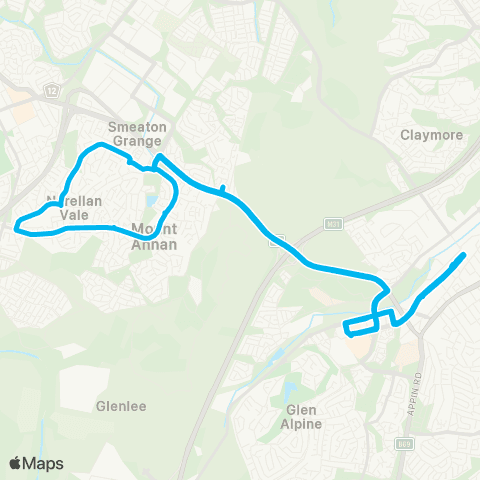 Sydney Buses Network Campbelltown to Mt Annan via Narellan Vale (Loop Service) map