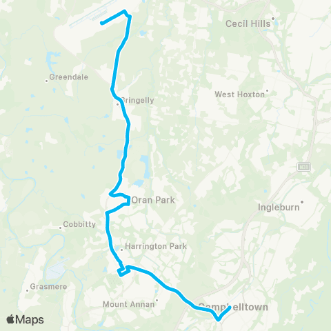 Other TfNSW routes Campbelltown to WSI Airport via Oran Pk map